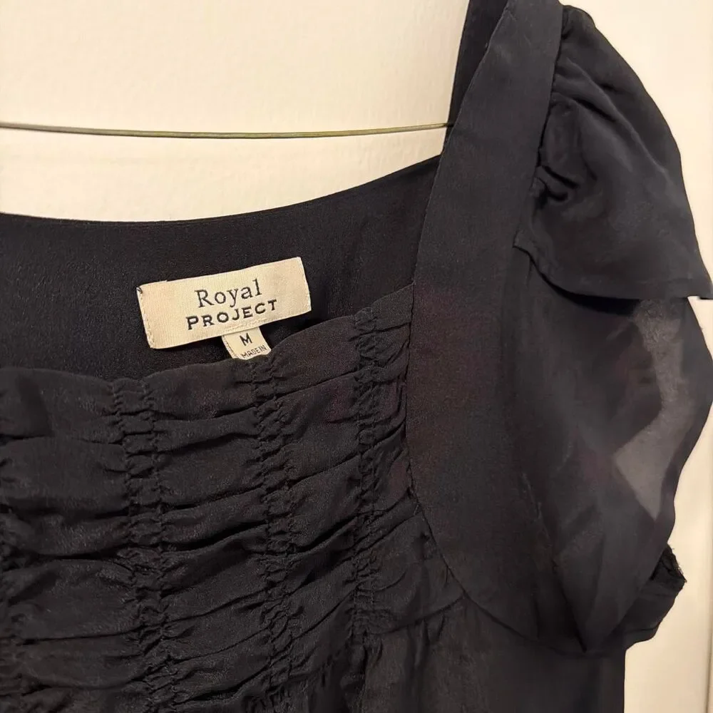 Royal Project Vintage Silk Flutter Sleeve with rouching Black Blouse sz M
